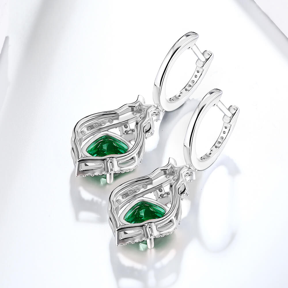 Halo Cushion-Cut Lab-Created Emerald Sterling Silver Drop Earrings - ReadYourHeart