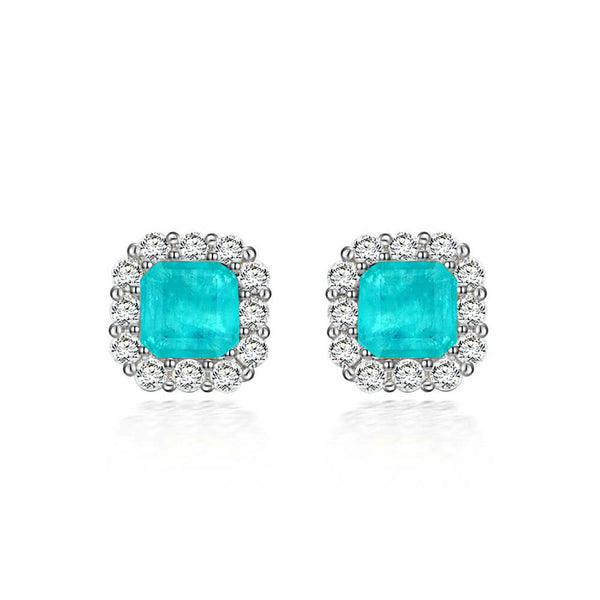 Halo Cushion Cut Paraiba Tourmaline Sterling Silver Stud Earrings - ReadYourHeart