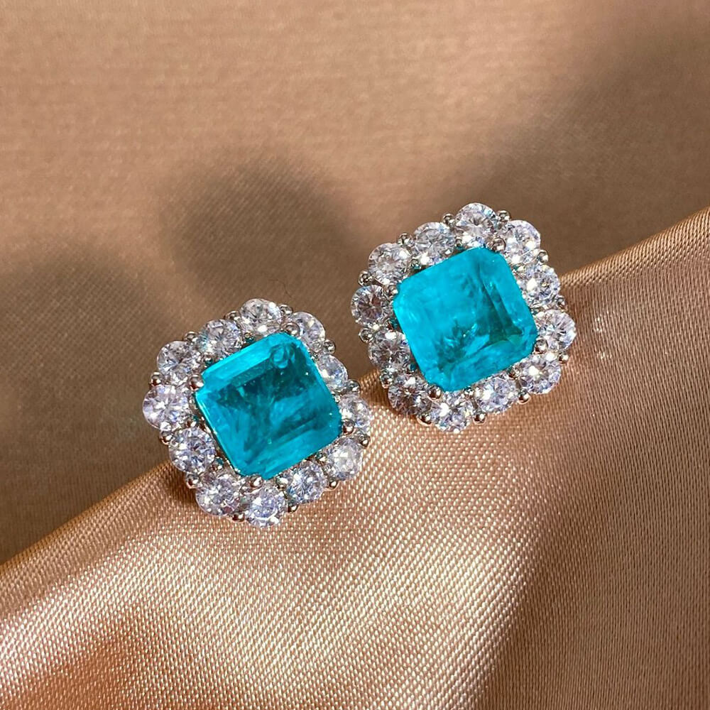 Halo Cushion Cut Paraiba Tourmaline Sterling Silver Stud Earrings - ReadYourHeart