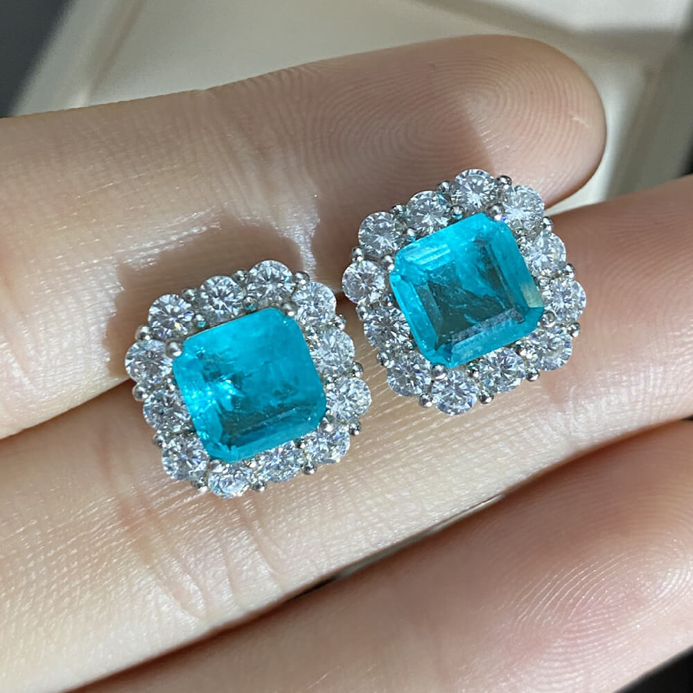 Halo Cushion Cut Paraiba Tourmaline Sterling Silver Stud Earrings - ReadYourHeart