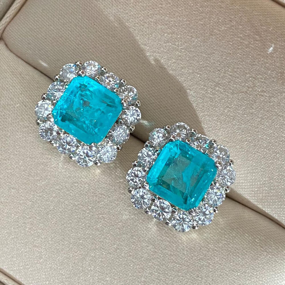 Halo Cushion Cut Paraiba Tourmaline Sterling Silver Stud Earrings - ReadYourHeart