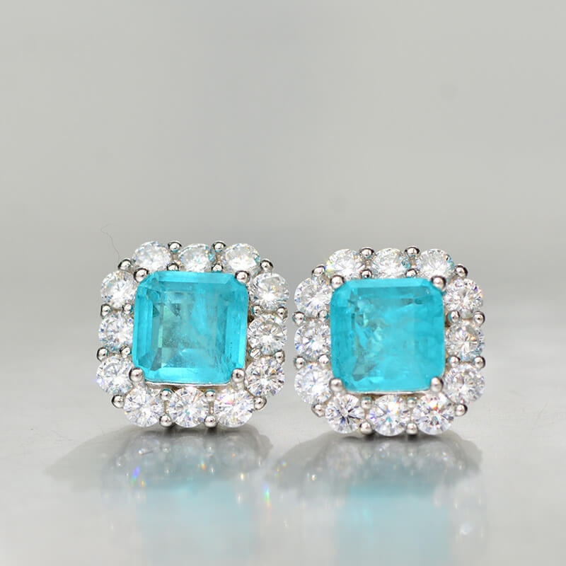 Halo Cushion Cut Paraiba Tourmaline Sterling Silver Stud Earrings - ReadYourHeart