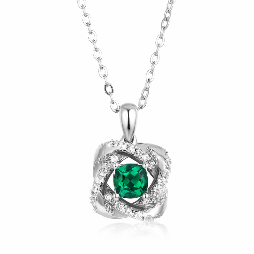 Cushion Lab-Created Emerald Knot Sterling Silver Necklace - ReadYourHeart