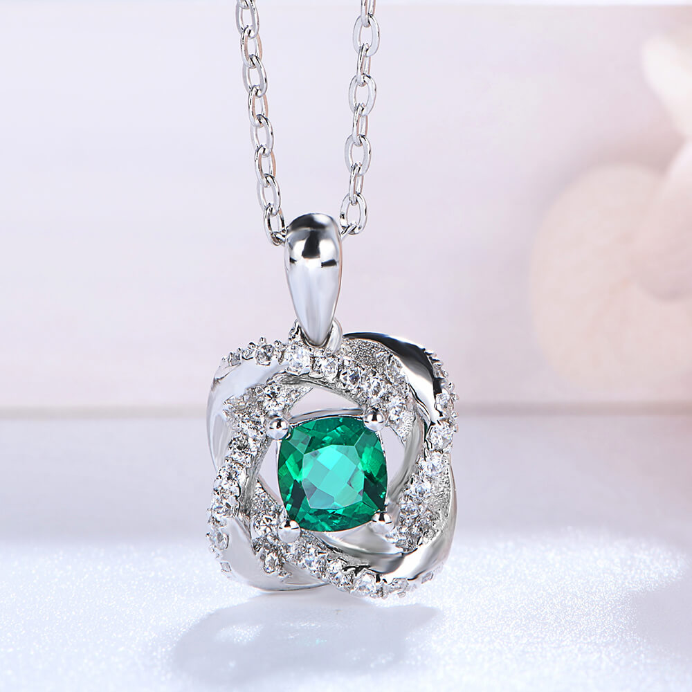 Cushion Lab-Created Emerald Knot Sterling Silver Necklace - ReadYourHeart