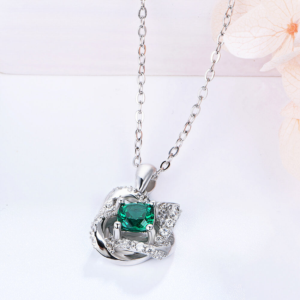 Cushion Lab-Created Emerald Knot Sterling Silver Necklace - ReadYourHeart