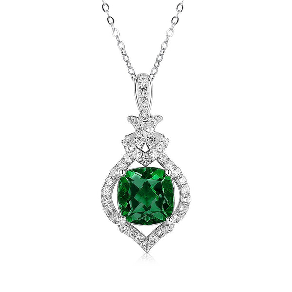 Halo Cushion Lab-Created Emerald Sterling Silver Necklace