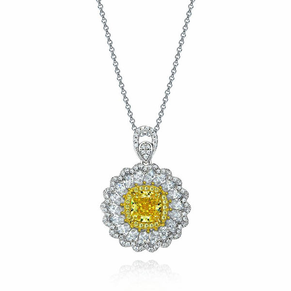 Halo Cushion Yellow Lab-Sapphire Two Tone Sterling Silver Necklace