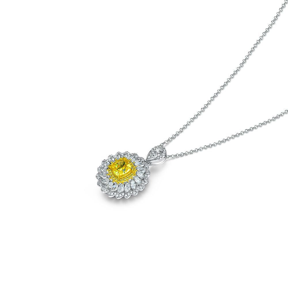 Halo Cushion Yellow Lab-Sapphire Two Tone Sterling Silver Necklace - ReadYourHeart
