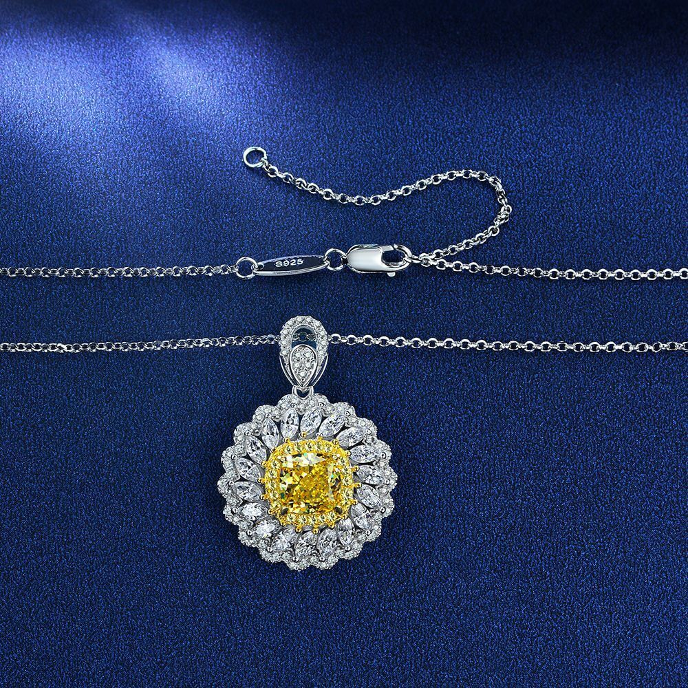 Halo Cushion Yellow Lab-Sapphire Two Tone Sterling Silver Necklace - ReadYourHeart