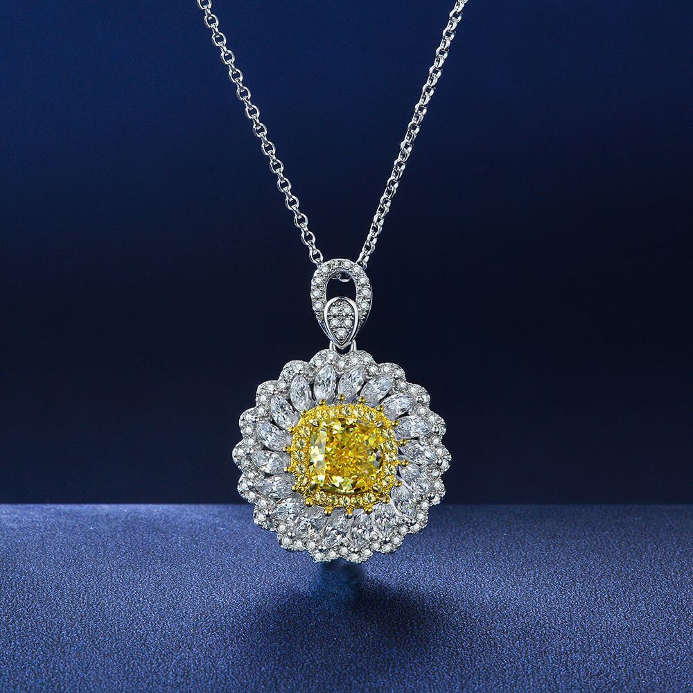 Halo Cushion Yellow Lab-Sapphire Two Tone Sterling Silver Necklace - ReadYourHeart