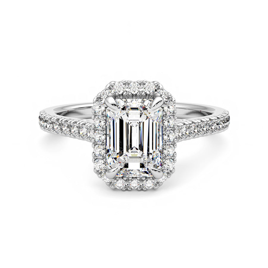 Halo Emerald Cut Moissanite Pave Engagement Ring in 18K Gold - ReadYourHeart