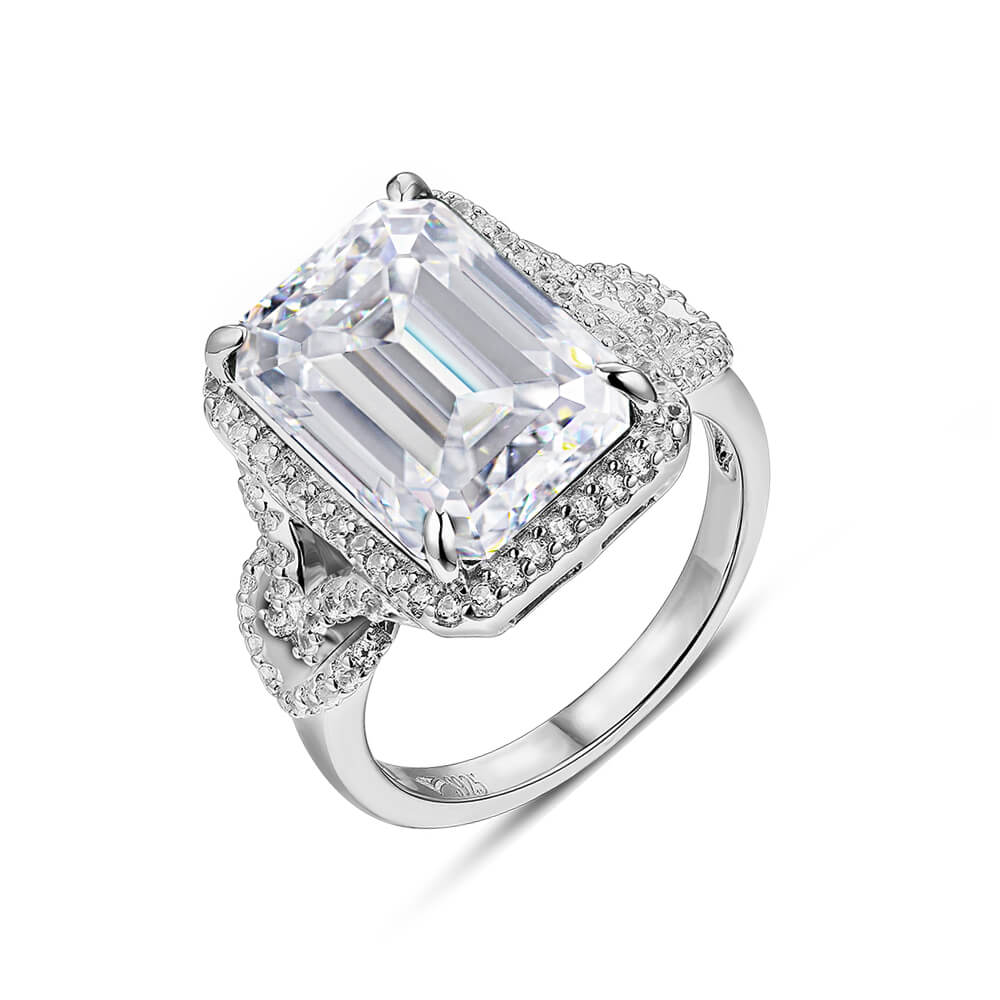Halo Emerald Cut Moissanite Split Shank Engagement Ring - ReadYourHeart