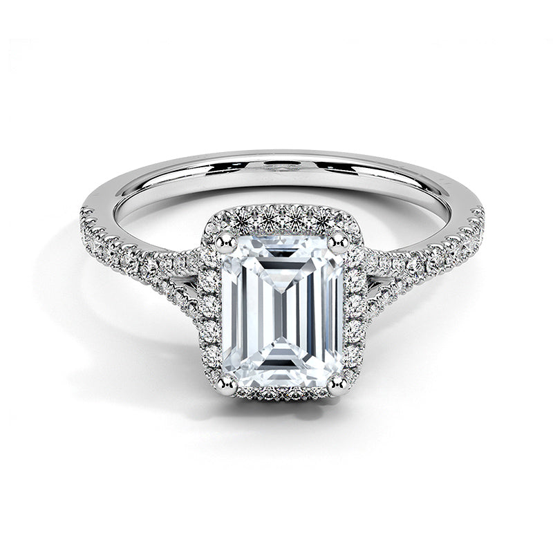 Halo Emerald Cut Moissanite Split Shank Pave Engagement Ring - ReadYourHeart