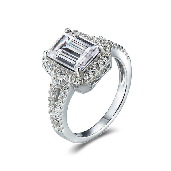 Halo Emerald Cut Moissanite Split Shank Pave Engagement Ring - ReadYourHeart