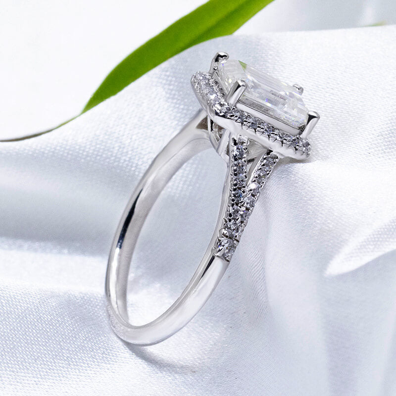 Halo Emerald Cut Moissanite Split Shank Pavé Engagement Ring ...