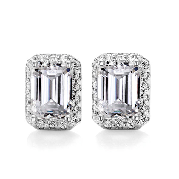 Halo Emerald Cut Moissanite Stud Earrings In Sterling Silver - ReadYourHeart