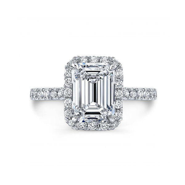 Halo Emerald Cut Moissanite Pave Sterling Silver Engagement Ring