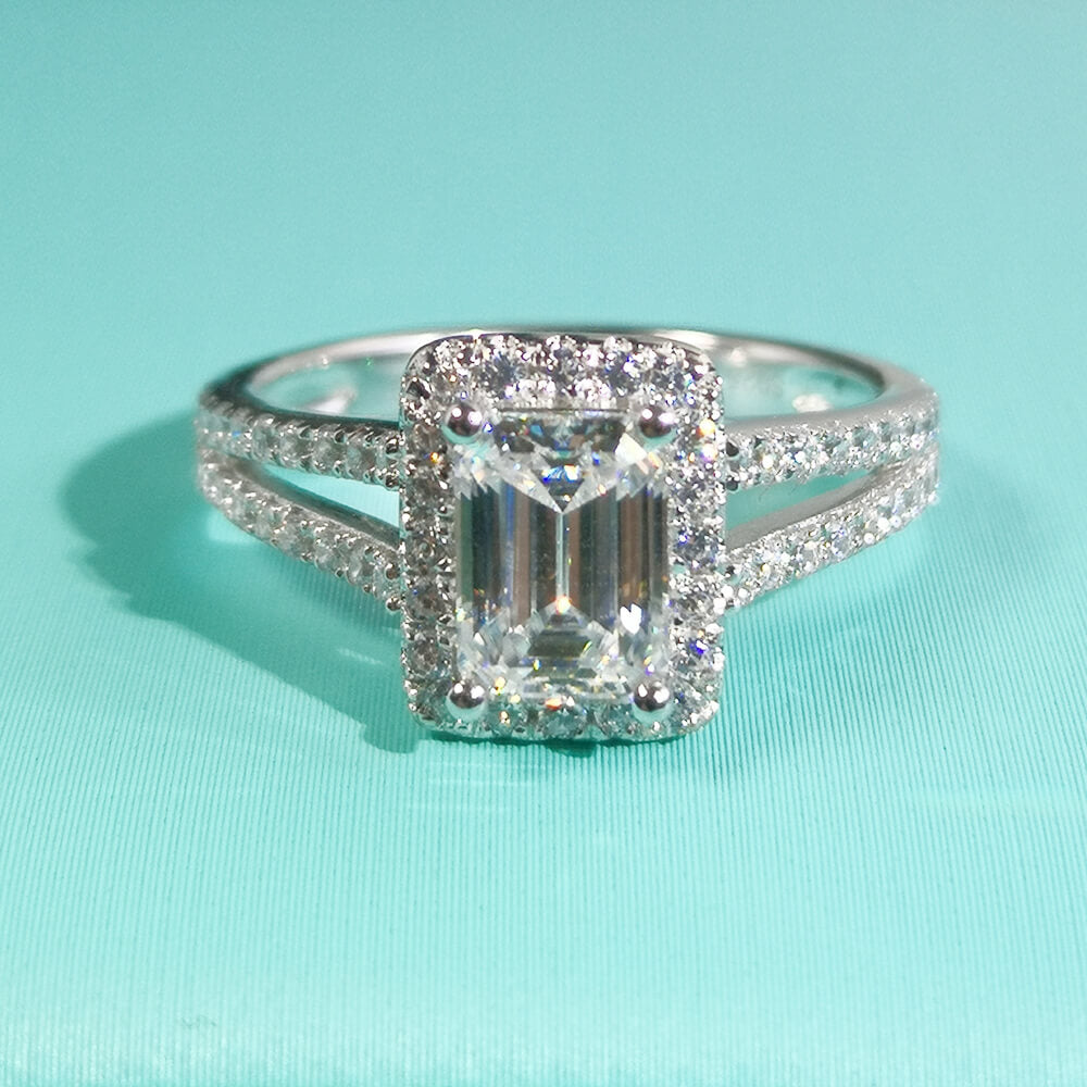 Halo Emerald Cut Moissanite Split Shank Pave Sterling Silver Engagement Ring - ReadYourHeart