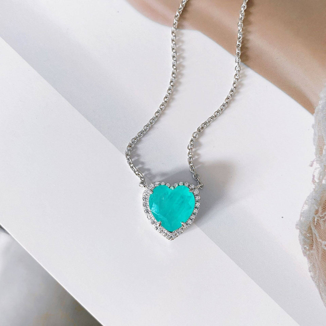 Halo Heart Cut Paraiba Tourmaline Sterling Silver Necklace Pendant - ReadYourHeart