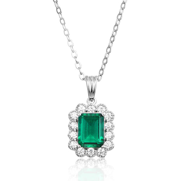 Halo Lab-Created Emerald Sterling Silver Necklace