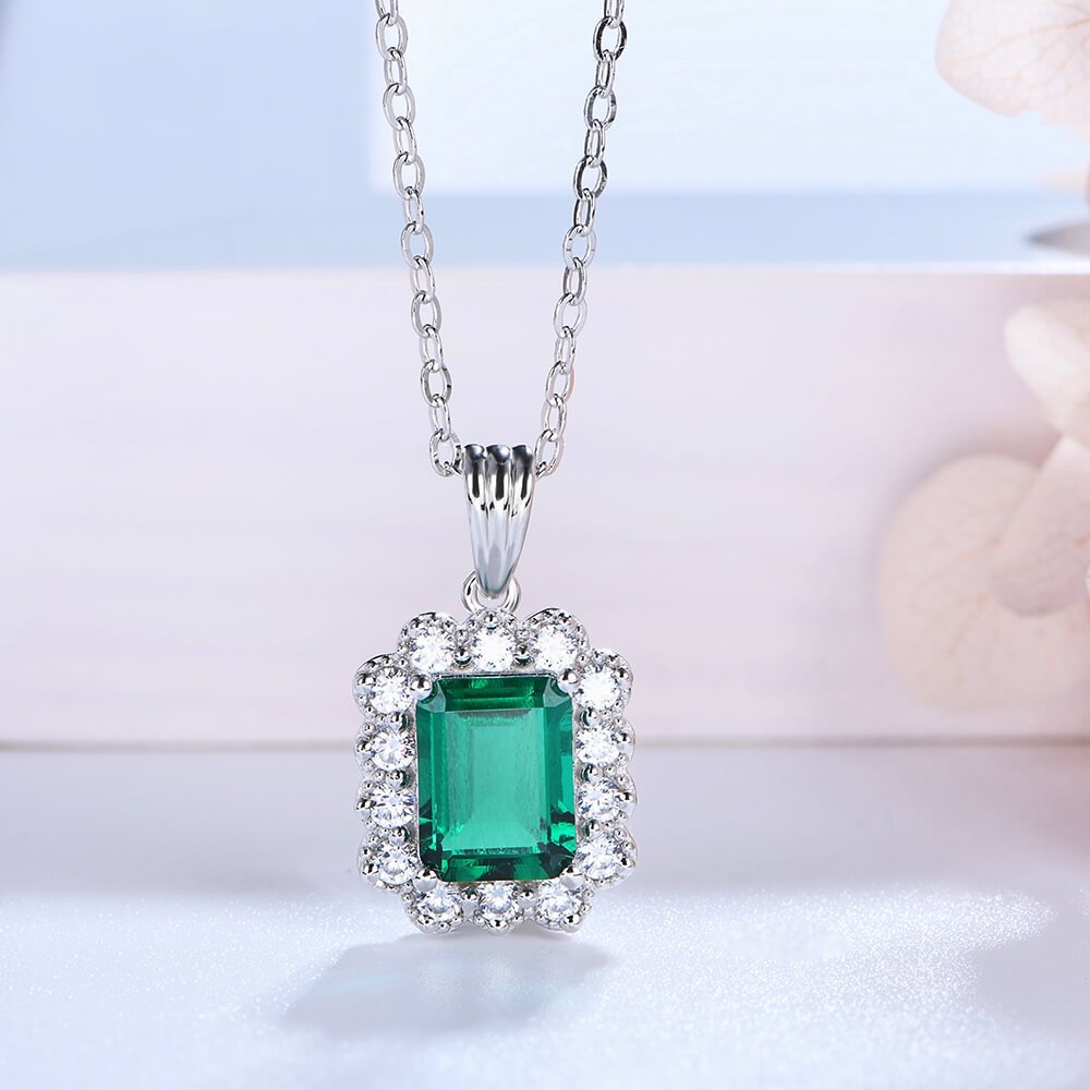 Halo Lab-Created Emerald Sterling Silver Necklace - ReadYourHeart