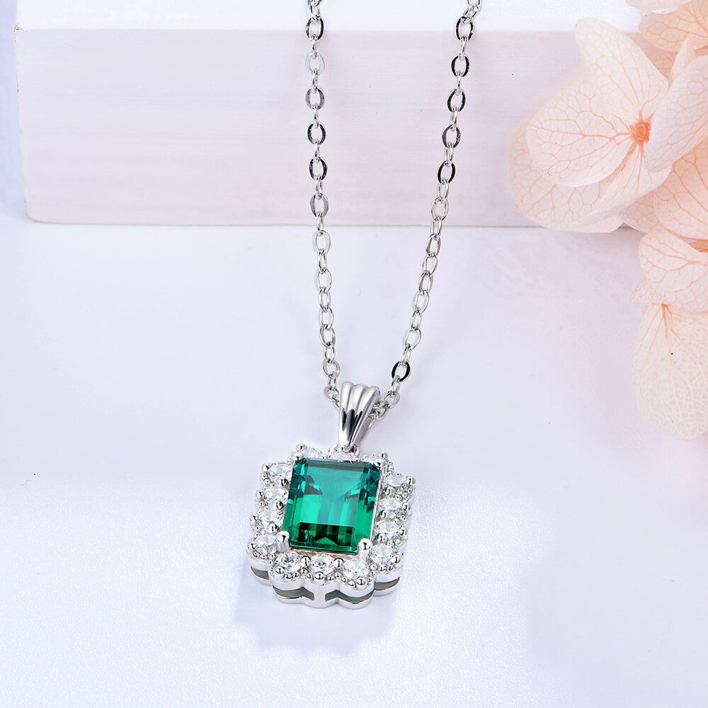 Halo Lab-Created Emerald Sterling Silver Necklace - ReadYourHeart