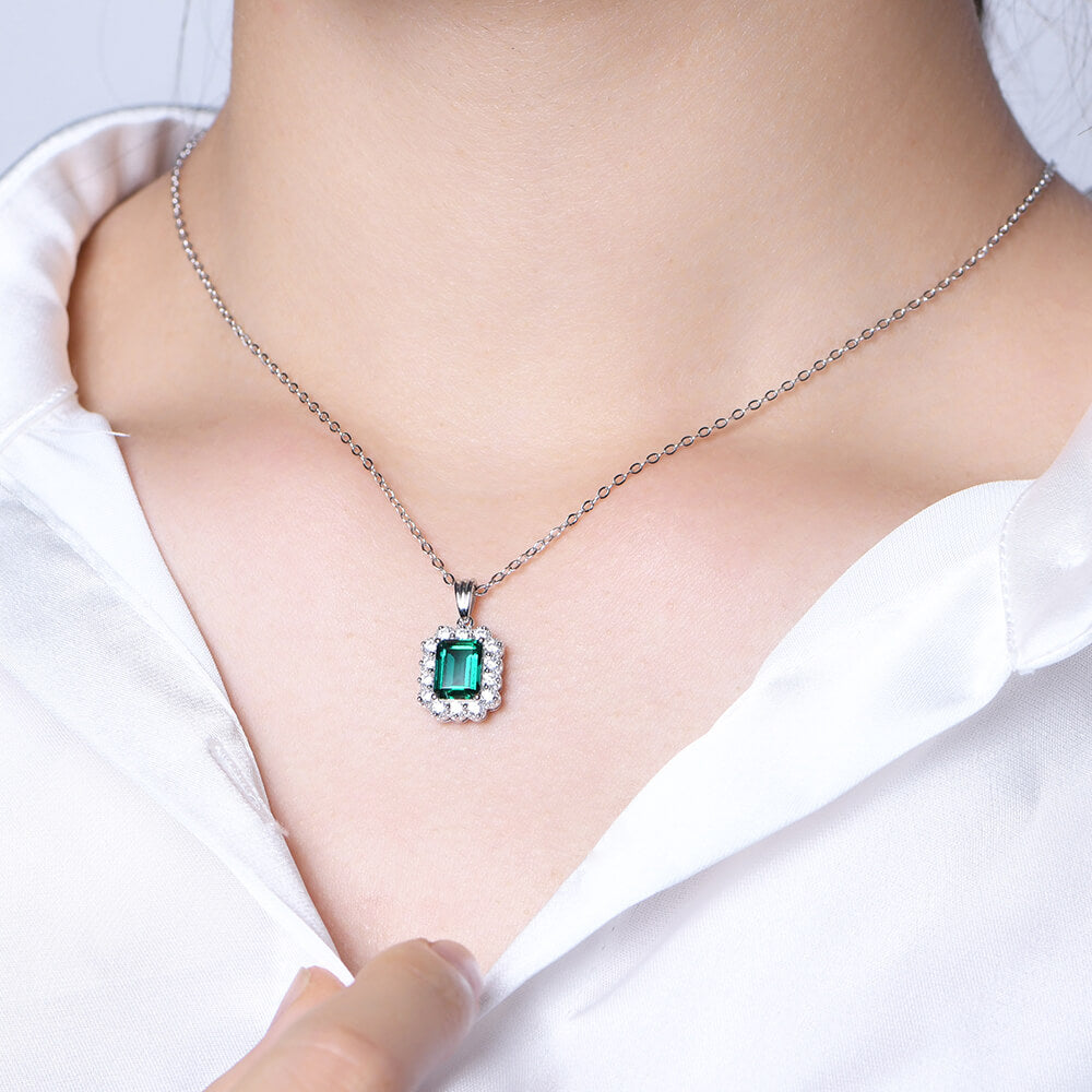 Halo Lab-Created Emerald Sterling Silver Necklace - ReadYourHeart