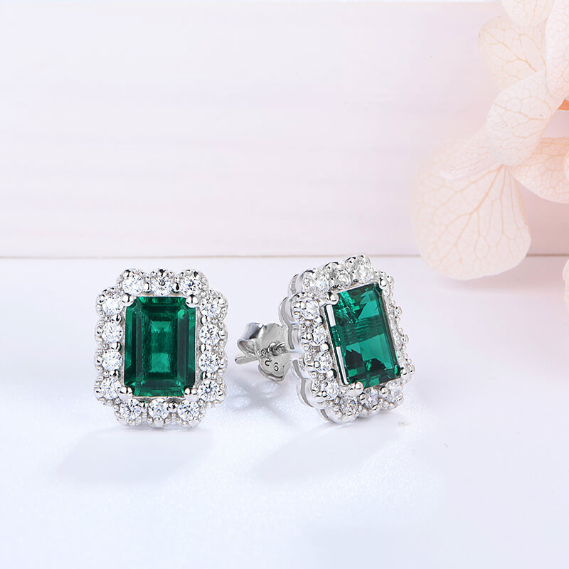 Halo Lab-Created Emerald Sterling Silver Stud Earrings - ReadYourHeart