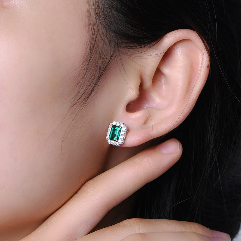 Halo Lab-Created Emerald Sterling Silver Stud Earrings - ReadYourHeart