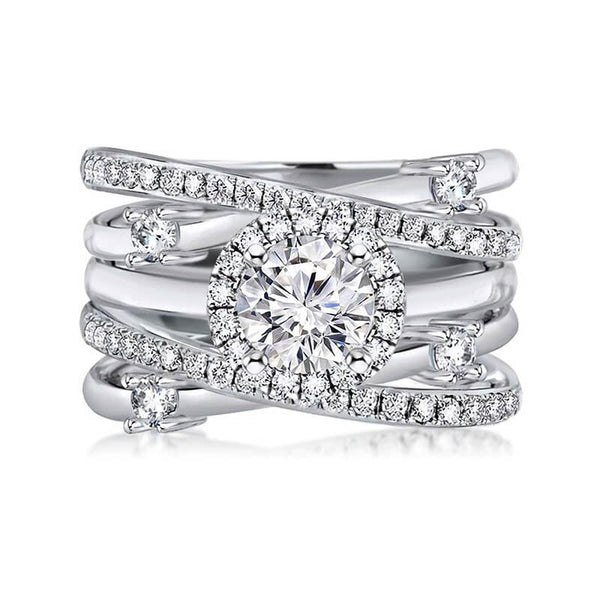Halo Moissanite With Enhancer Cross Shank Bridal Engagement Ring Set
