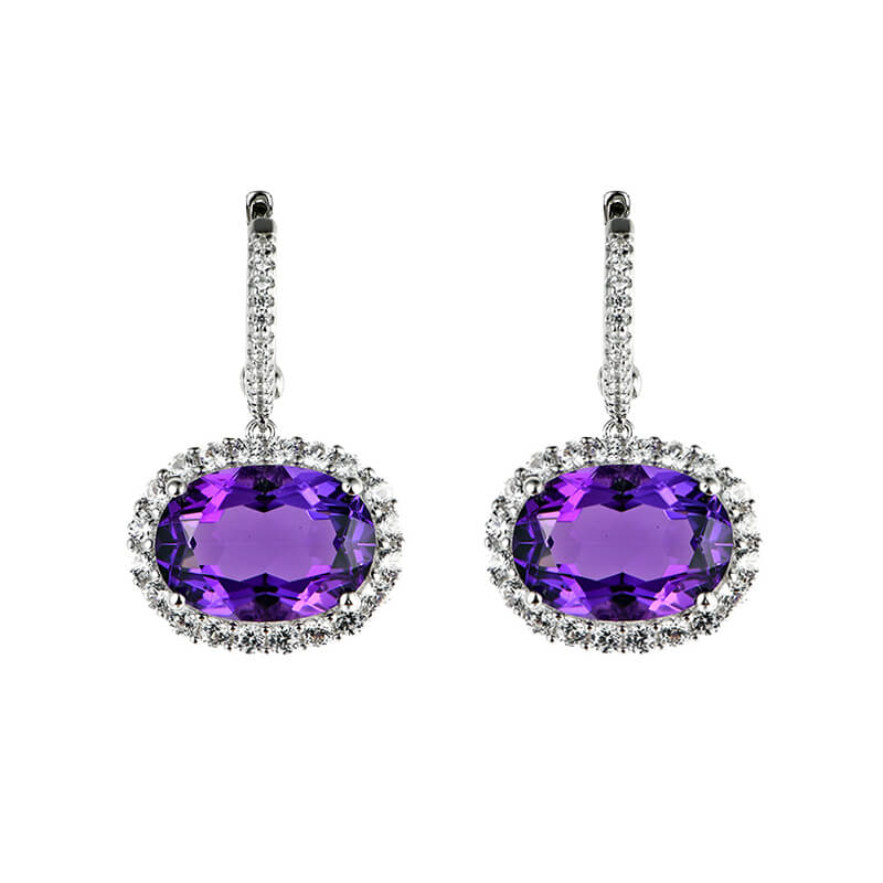 Halo Oval Cut Amethyst Sterling Silver Drop Earrings - ReadYourHeart