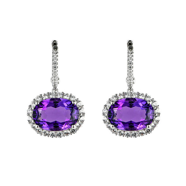 Halo Oval Cut Amethyst Sterling Silver Drop Earrings - ReadYourHeart