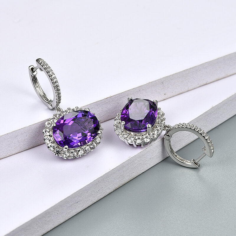 Halo Oval Cut Amethyst Sterling Silver Drop Earrings - ReadYourHeart