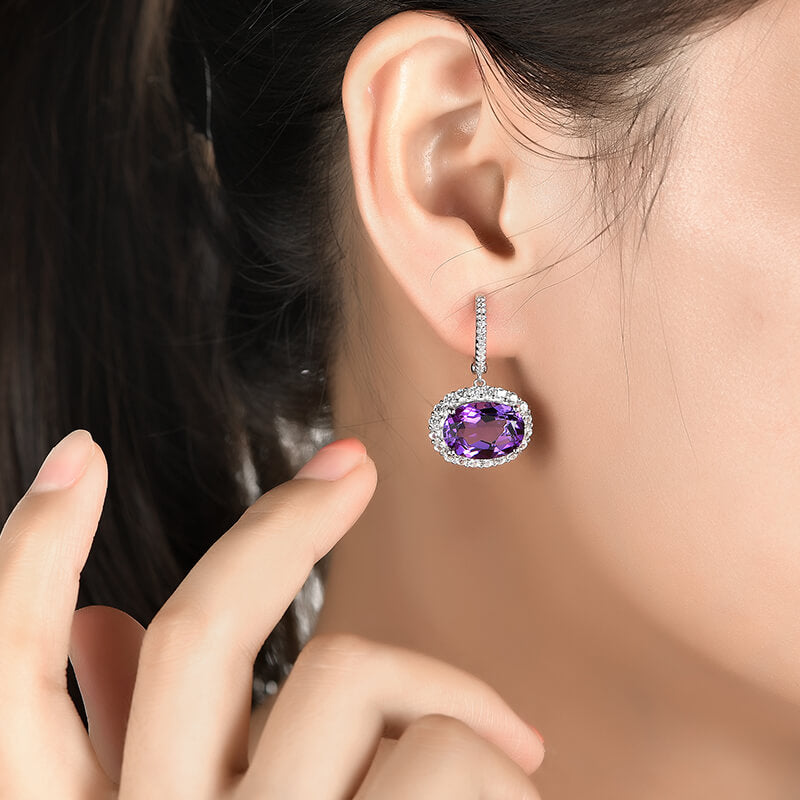 Halo Oval Cut Amethyst Sterling Silver Drop Earrings - ReadYourHeart