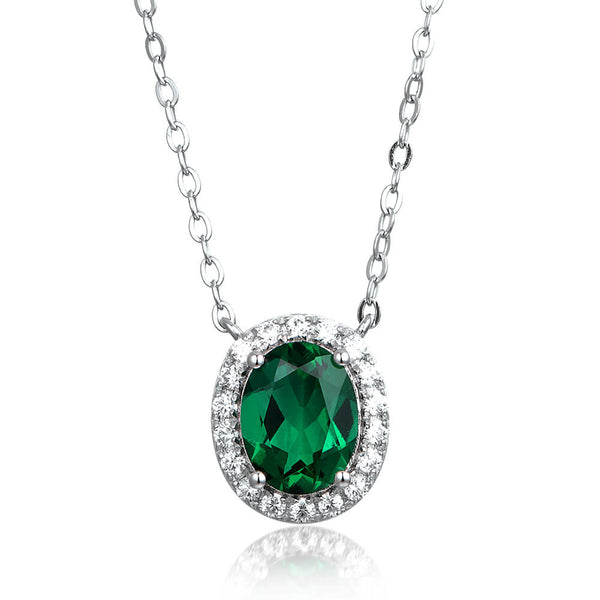 Halo Oval Lab-Created Emerald Sterling Silver Necklace