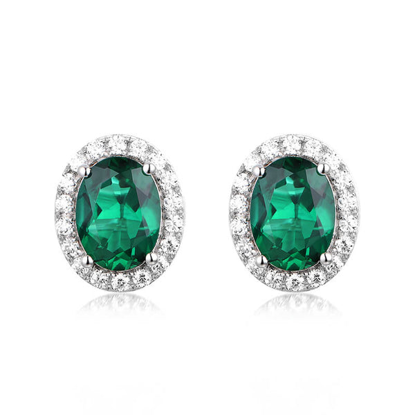 Halo Oval Lab-Created Emerald Sterling Silver Stud Earrings