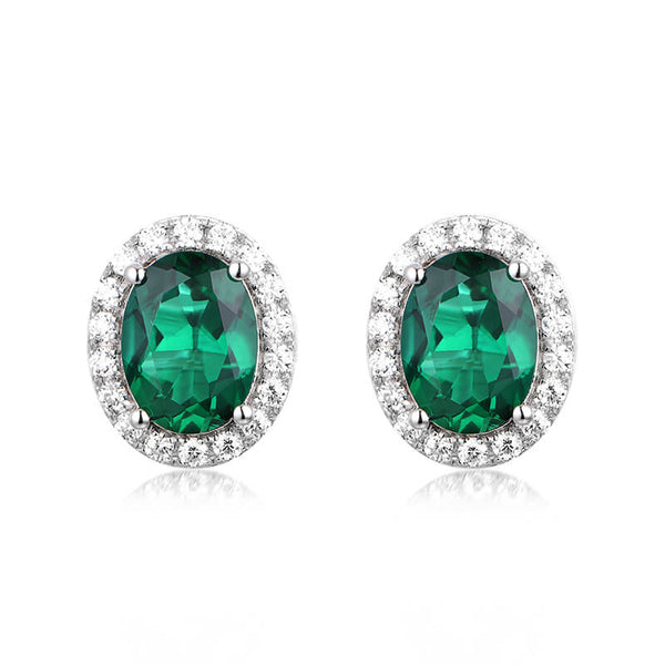 Halo Oval Lab-Created Emerald Sterling Silver Stud Earrings - ReadYourHeart