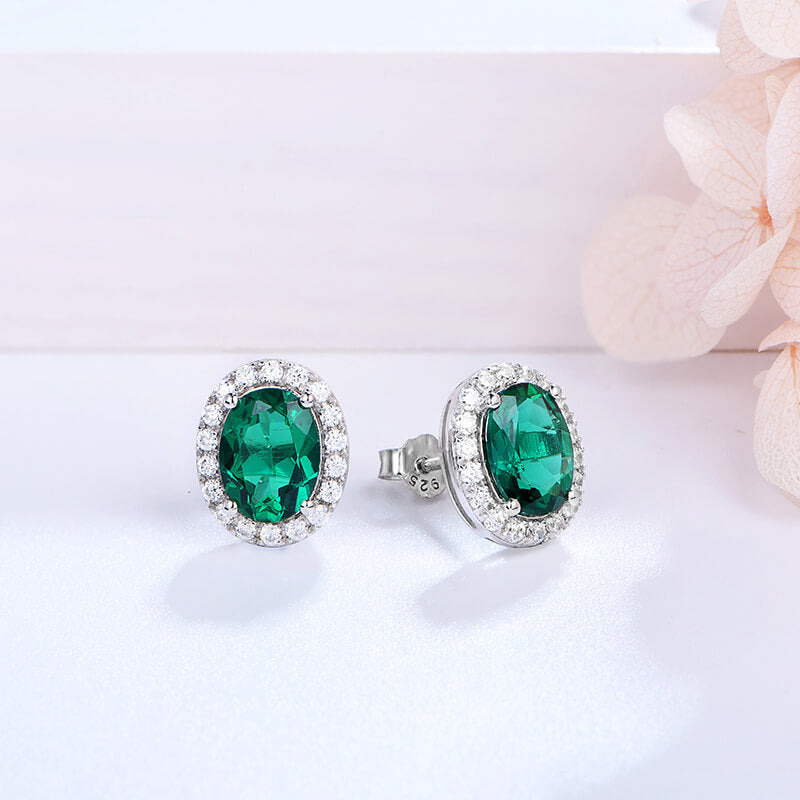 Halo Oval Lab-Created Emerald Sterling Silver Stud Earrings - ReadYourHeart