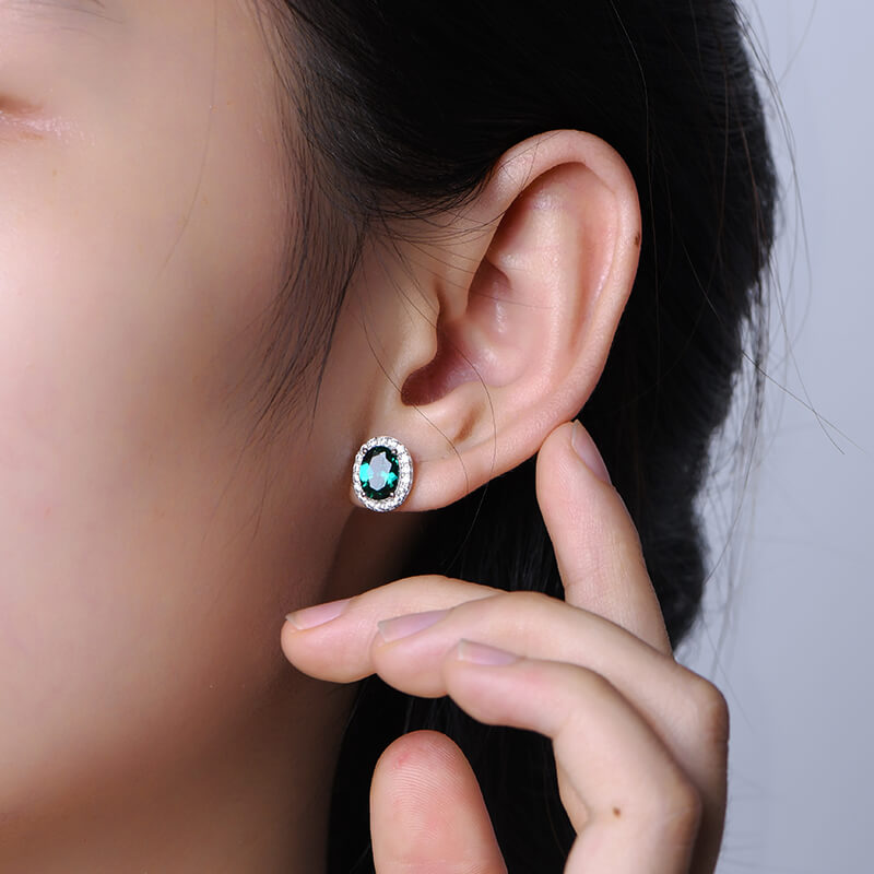 Halo Oval Lab-Created Emerald Sterling Silver Stud Earrings - ReadYourHeart