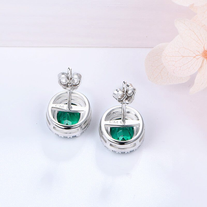 Halo Oval Lab-Created Emerald Sterling Silver Stud Earrings - ReadYourHeart