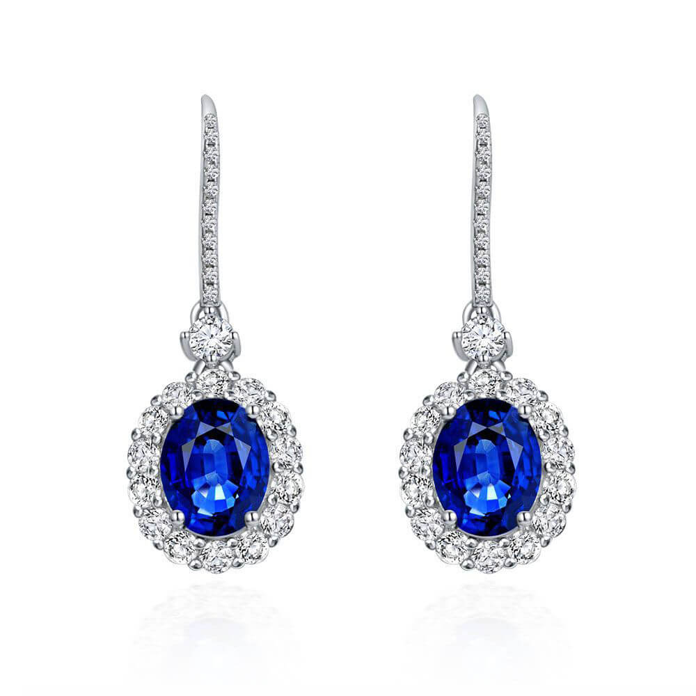 Halo Oval Lab-Sapphire Drop Earrings In Sterling Silver - ReadYourHeart
