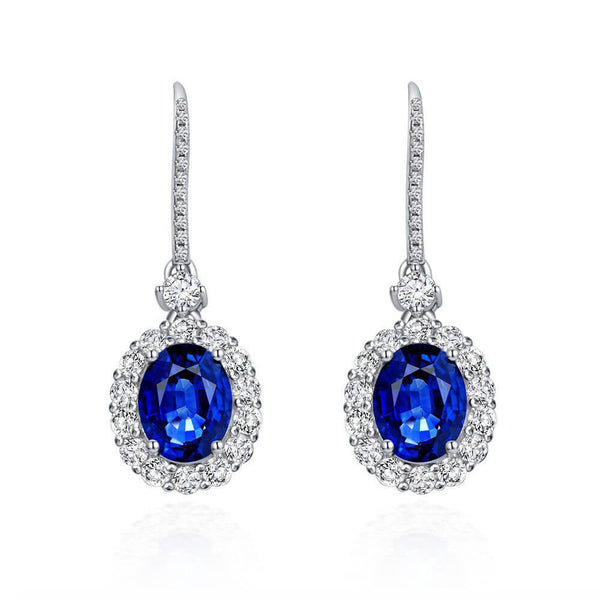 Halo Oval Lab-Sapphire Sterling Silver Drop Earrings - ReadYourHeart