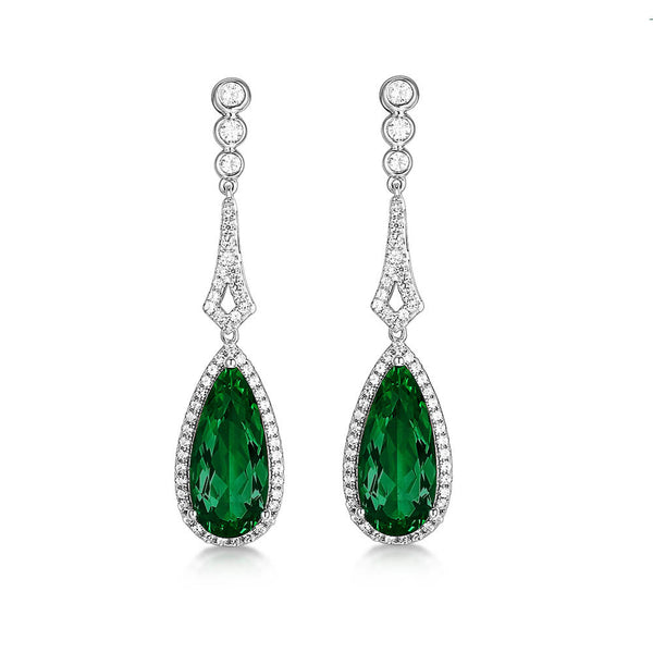 Halo Pear-Cut Lab-Created Emerald Sterling Silver Drop Earrings - ReadYourHeart