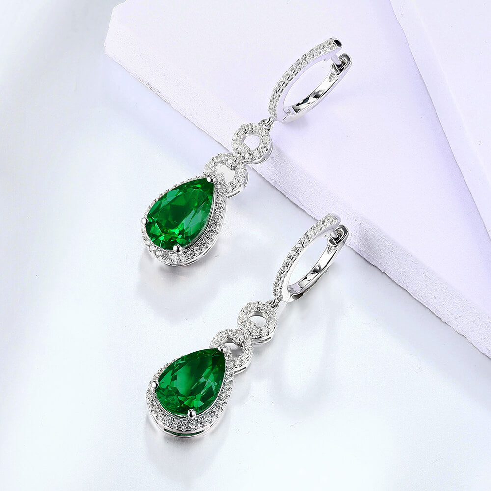 Halo Pear-Cut Lab-Created Emerald Sterling Silver Drop Earrings - ReadYourHeart