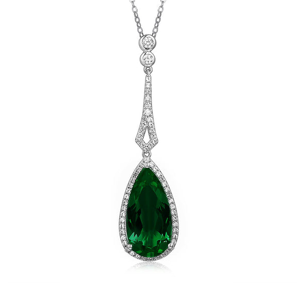 Halo Pear Lab-Created Emerald Sterling Silver Necklace Pendant