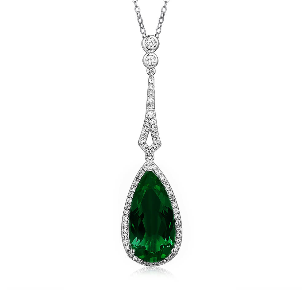 Halo Pear Lab-Created Emerald Sterling Silver Necklace Pendant - ReadYourHeart