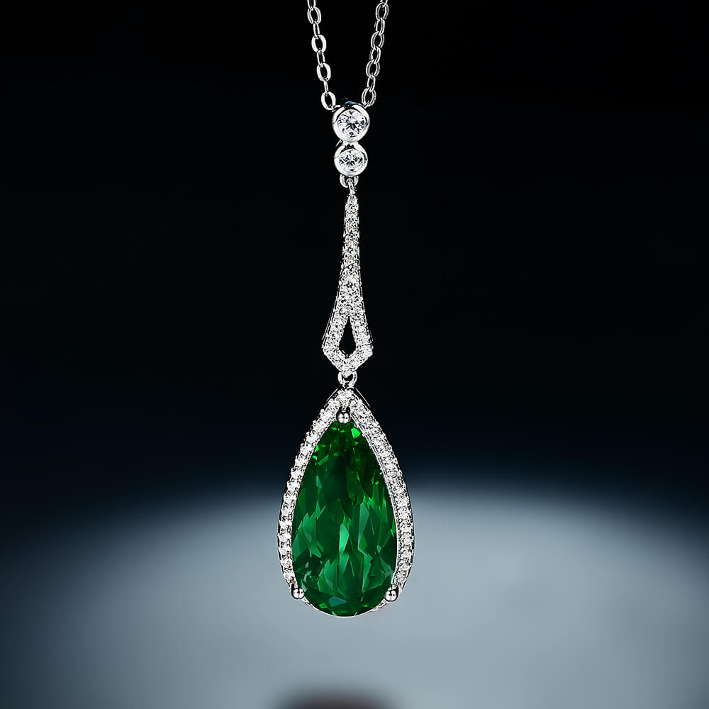 Halo Pear Lab-Created Emerald Sterling Silver Necklace Pendant - ReadYourHeart