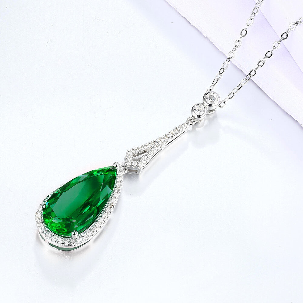 Halo Pear Lab-Created Emerald Sterling Silver Necklace Pendant - ReadYourHeart