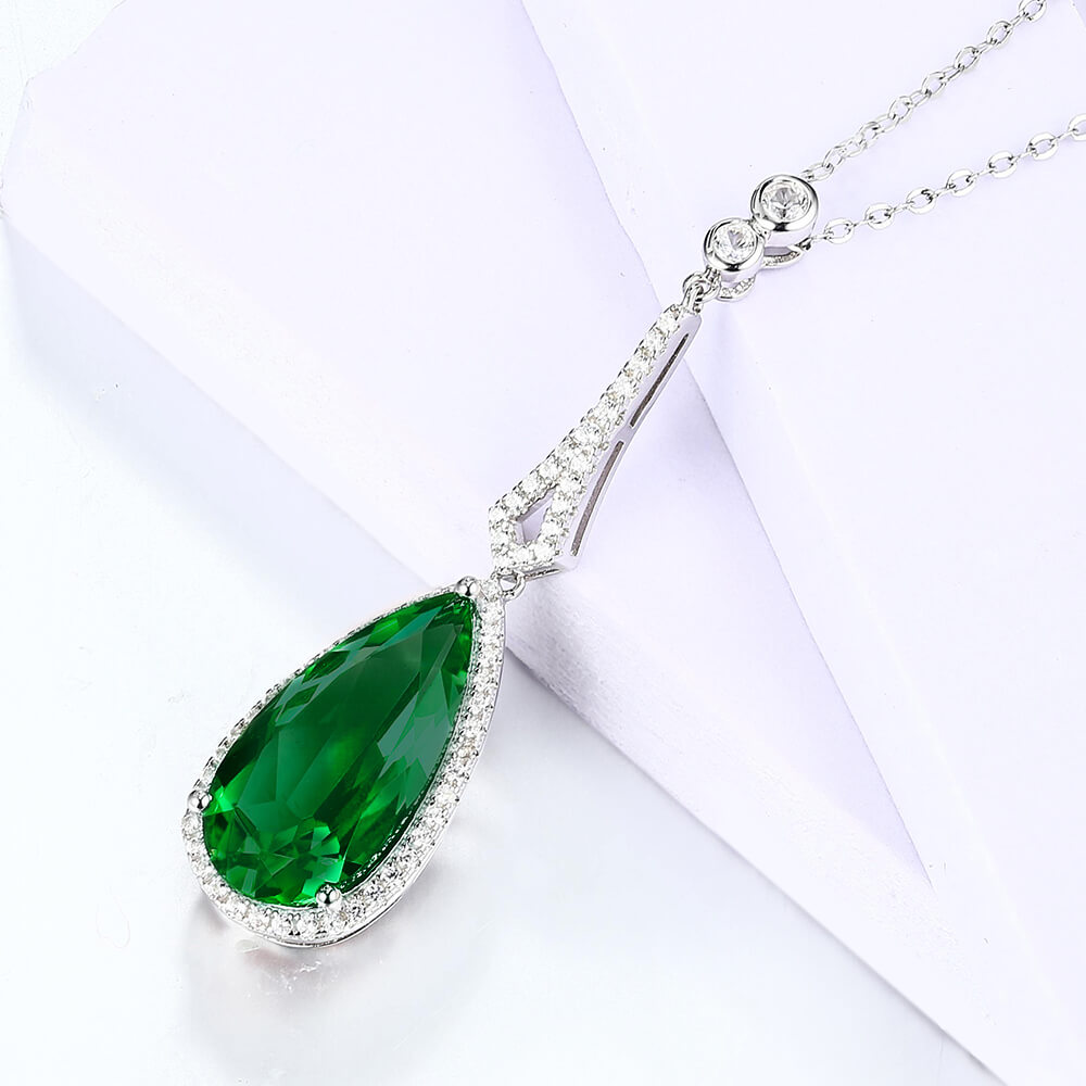 Halo Pear Lab-Created Emerald Sterling Silver Necklace Pendant - ReadYourHeart