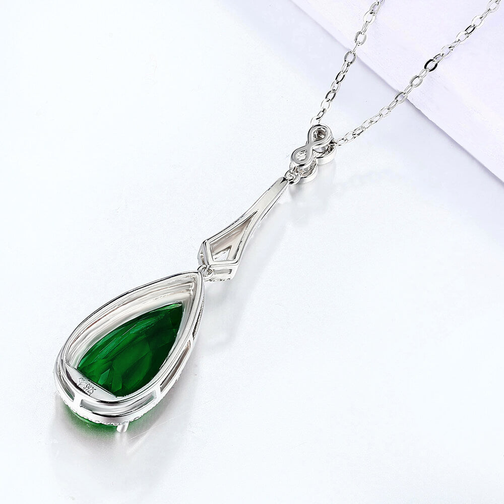 Halo Pear Lab-Created Emerald Sterling Silver Necklace Pendant - ReadYourHeart